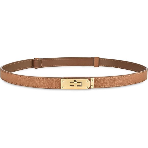 Women\'s Skinny Leather Belt With Adjustable Silver Turn-Lock Buckle Ideal Brown main image 6